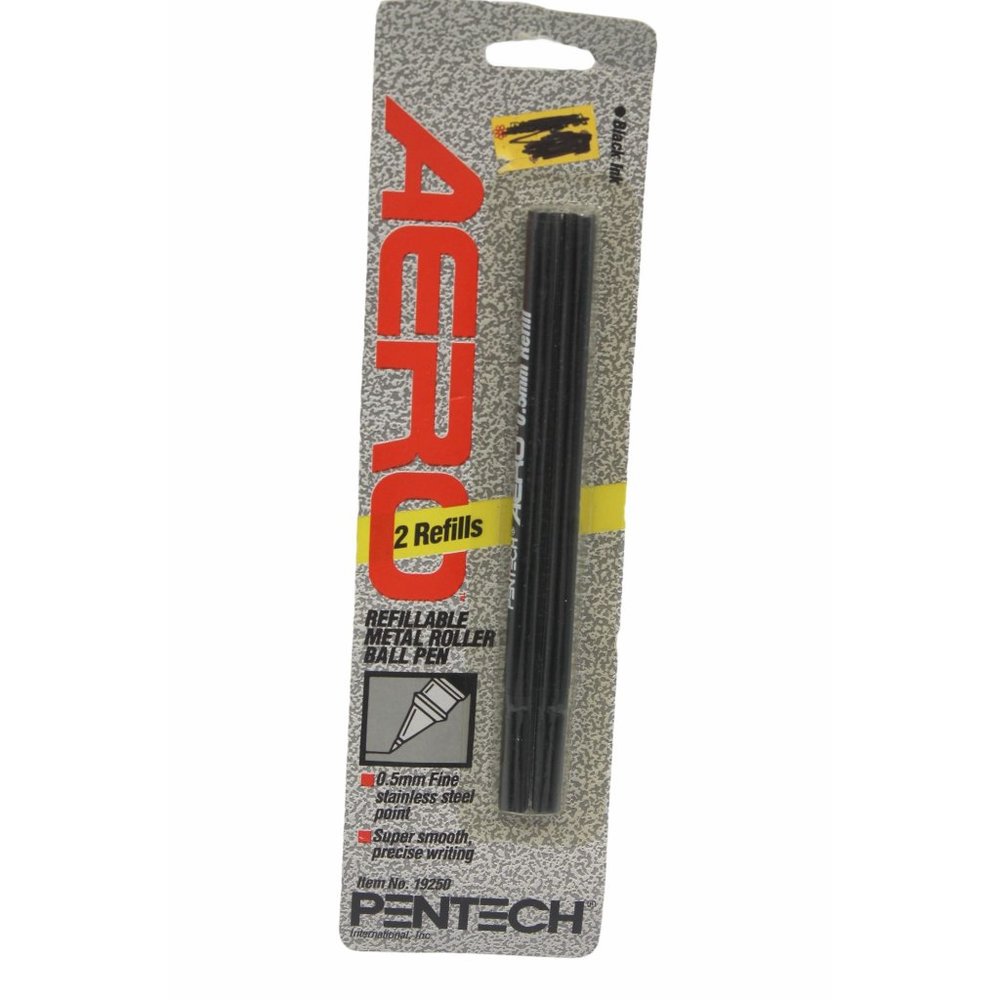 Aero Black Ink Refills 2 Pack Metal Roller Ball Pen 0.5mm Fine #19250